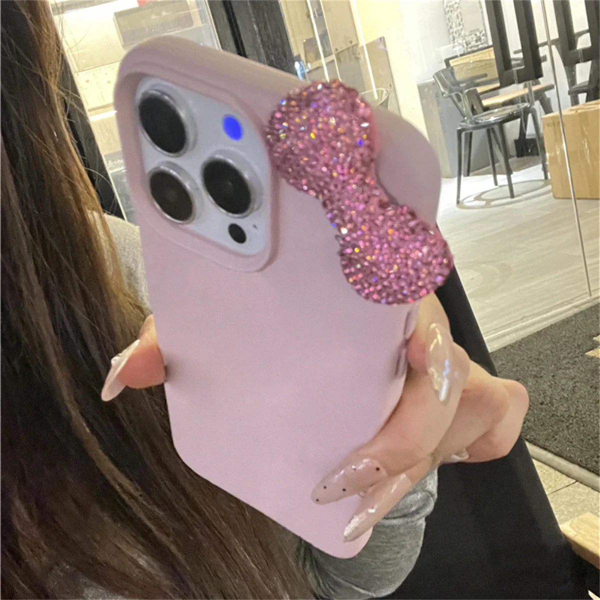 Rhinestone Bow Litchi Pattern Leather Phone Case