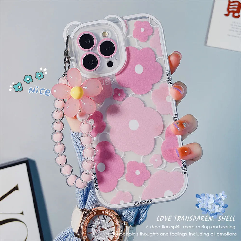 Cute 3D Bear Ear Flower Hang Phone Chain
