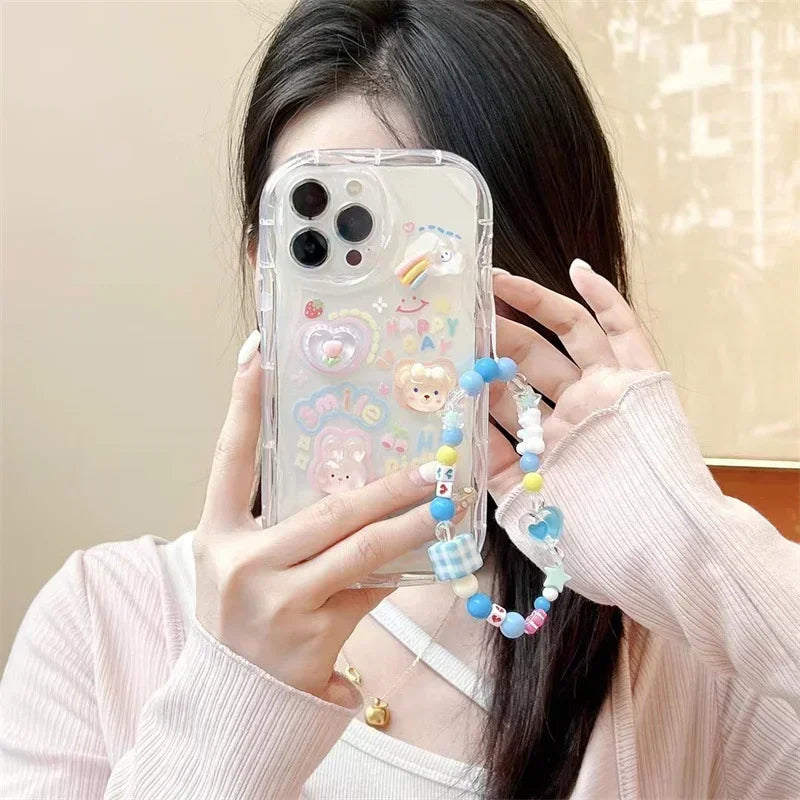 3D Bear Hang Phone Chain Lanyard Clear Soft Phone Case