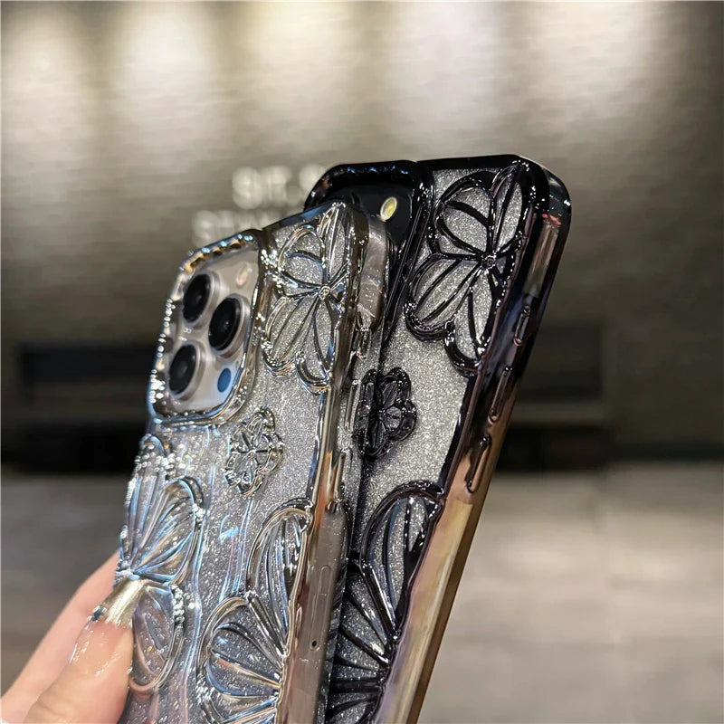 Flash Glitter Flowers Square Plating Frame Phone Case