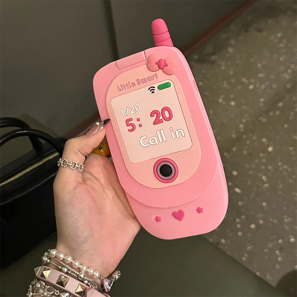 Cute 3D Pink Cellphone Model Flip Mirror Silicone Phone Case