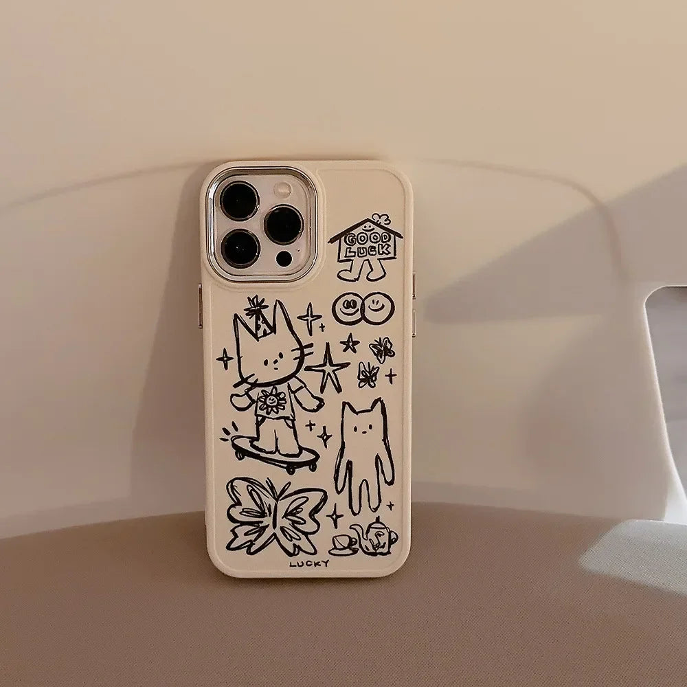 Cartoon Sketch Doodle Animal Lucky Cat Butterfly Phone Case