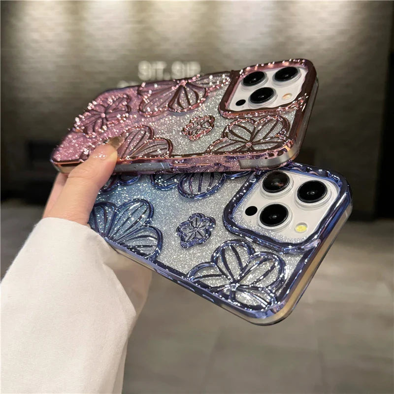 Flash Glitter Flowers Square Plating Frame Phone Case