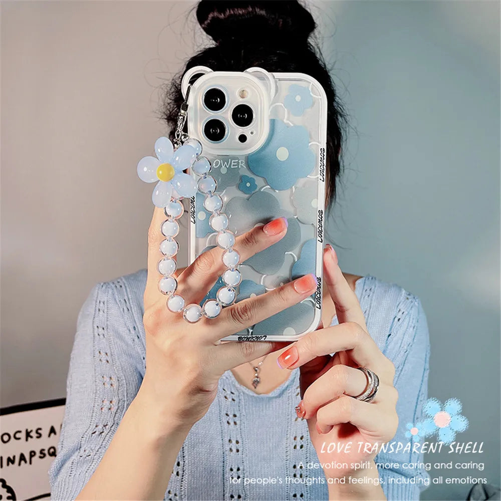 Cute 3D Bear Ear Flower Hang Phone Chain