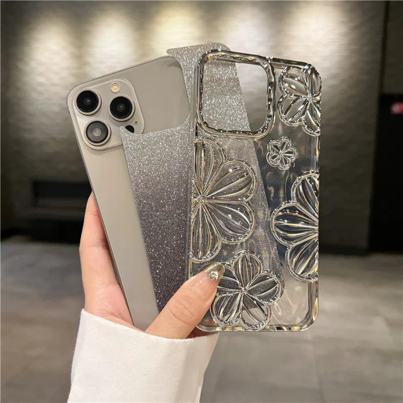 Flash Glitter Flowers Square Plating Frame Phone Case