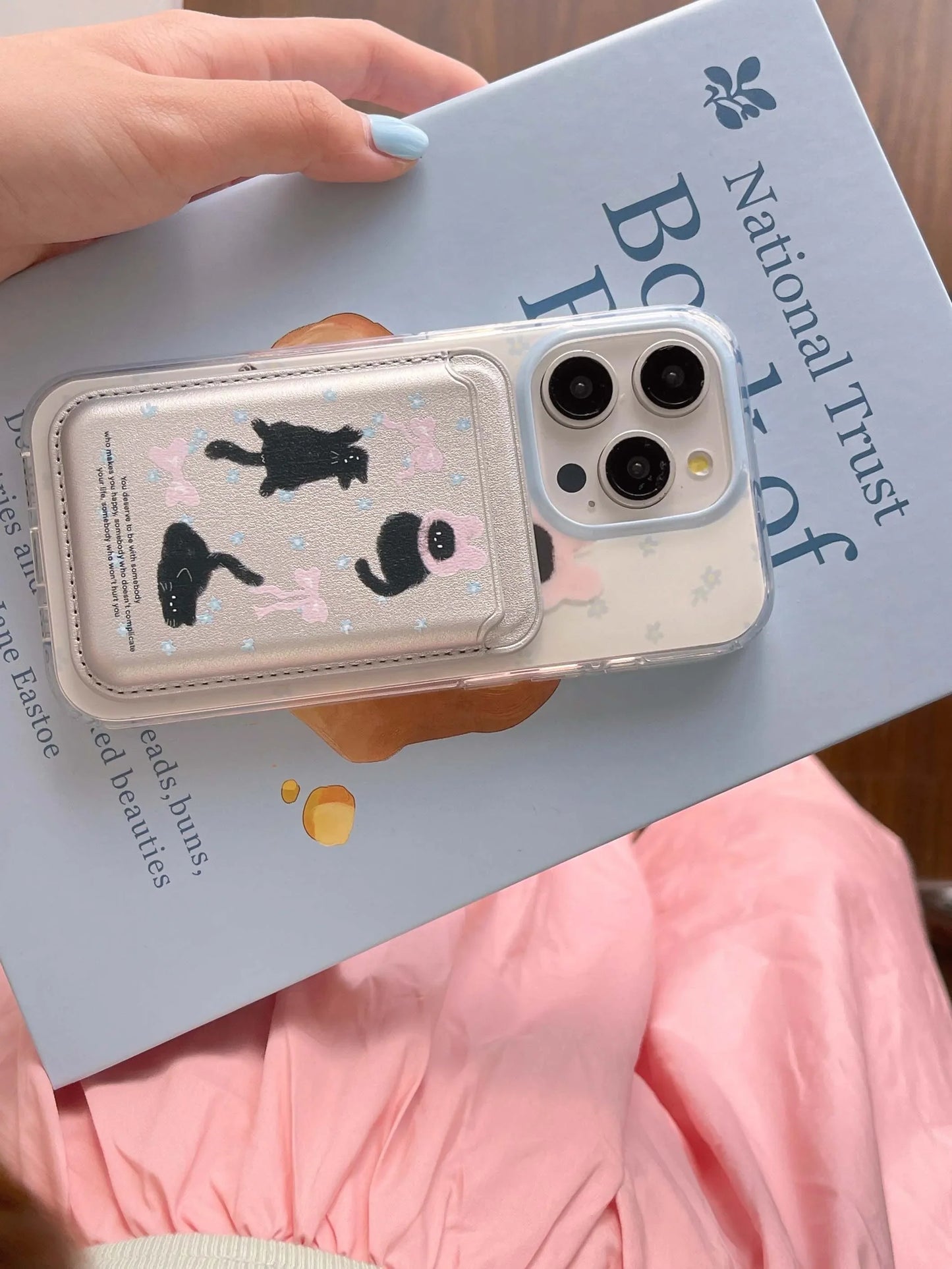 Cute Black Cat, Pink Bow, Blue Flower Magnetic Card Holder Phone Case
