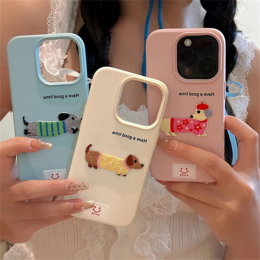 Cute Cartoon Dachshund Litchi Pattern Phone Case