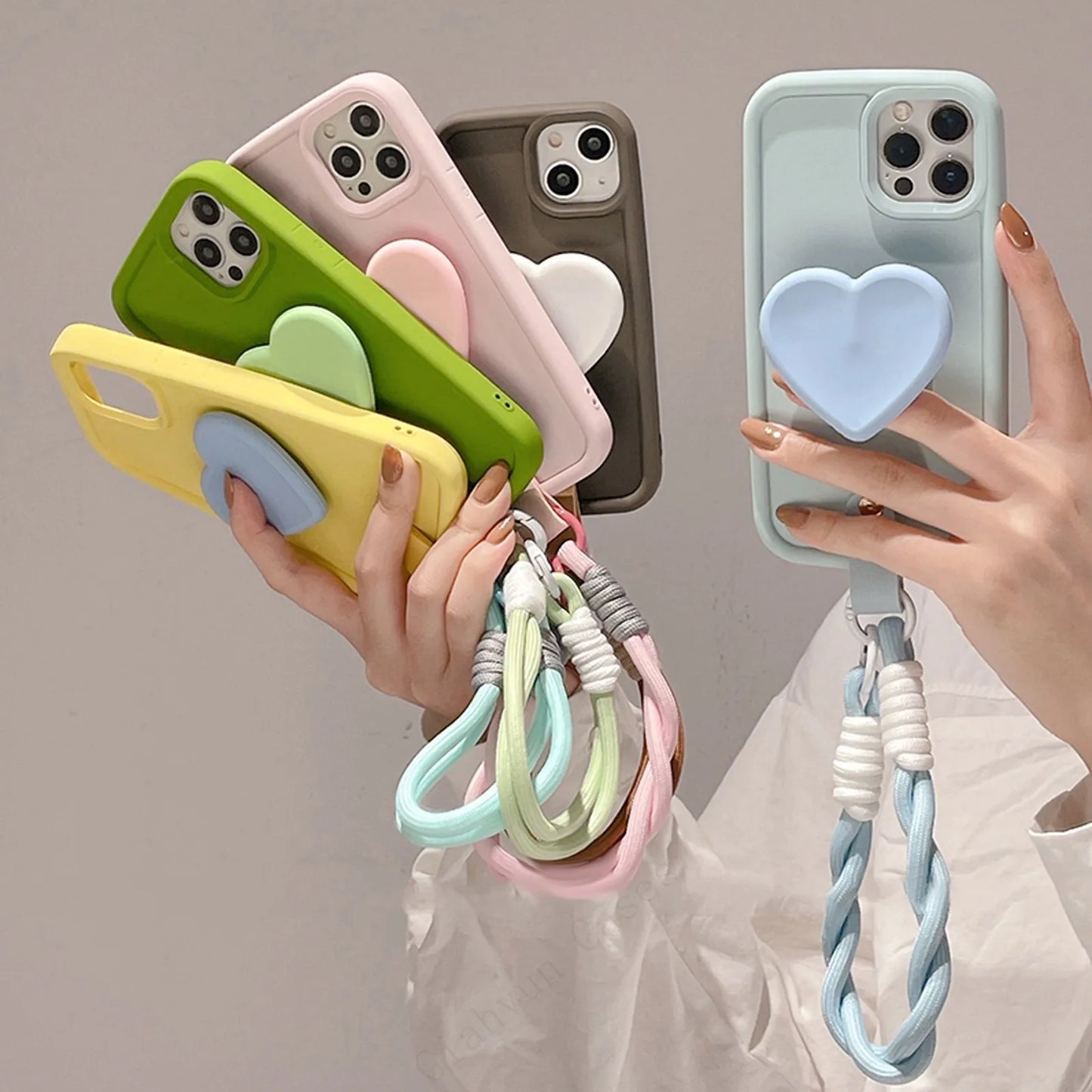 3D Cute Heart Anti-Lost Lanyard Chain Strap Holder Phone Case