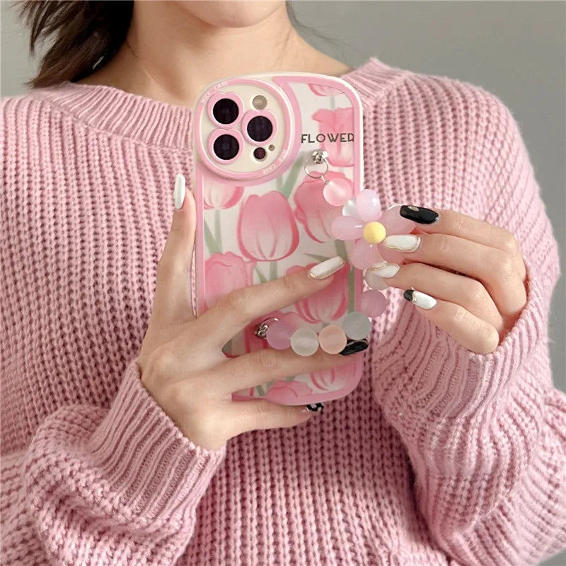 Cute 3D Flower Wrist Phone Chain Soft Phone Case