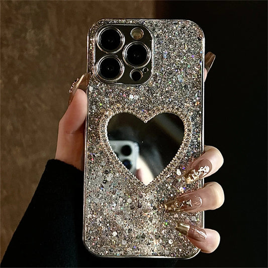 Bling Glitter Plating 3D Love Heart Mirror Phone Case