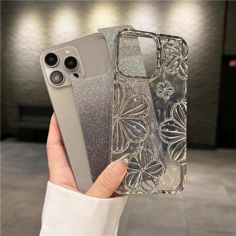 Luxury Flash Glitter Flowers Square Plating Frame Phone Case