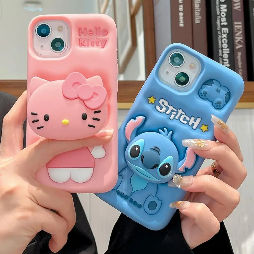 3D Stitch Kitty Face Griptok Holder Cartoon Silicone Soft Phone Case