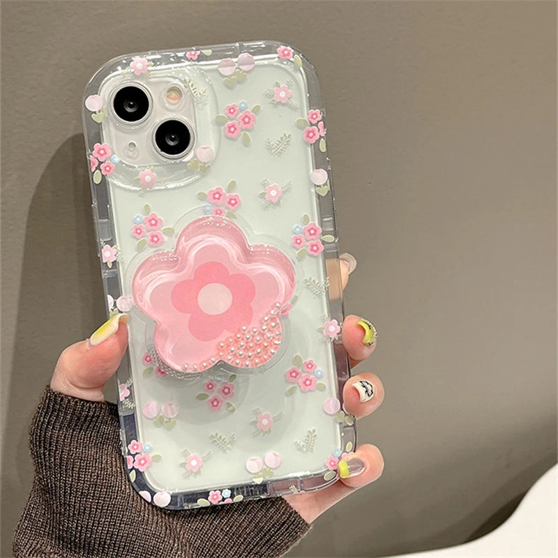 Cute Quicksand Pink Flower Holder Phone Case