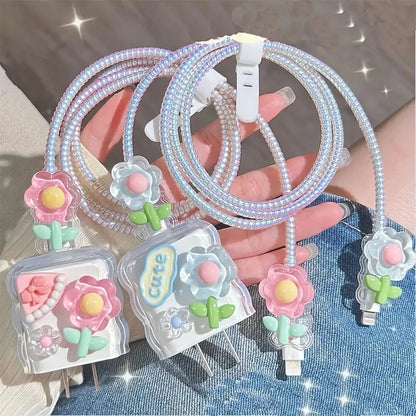 3D Pink Flower Cable Charger IPhone