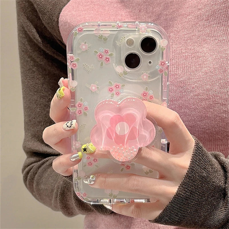 Cute Quicksand Pink Flower Holder Phone Case