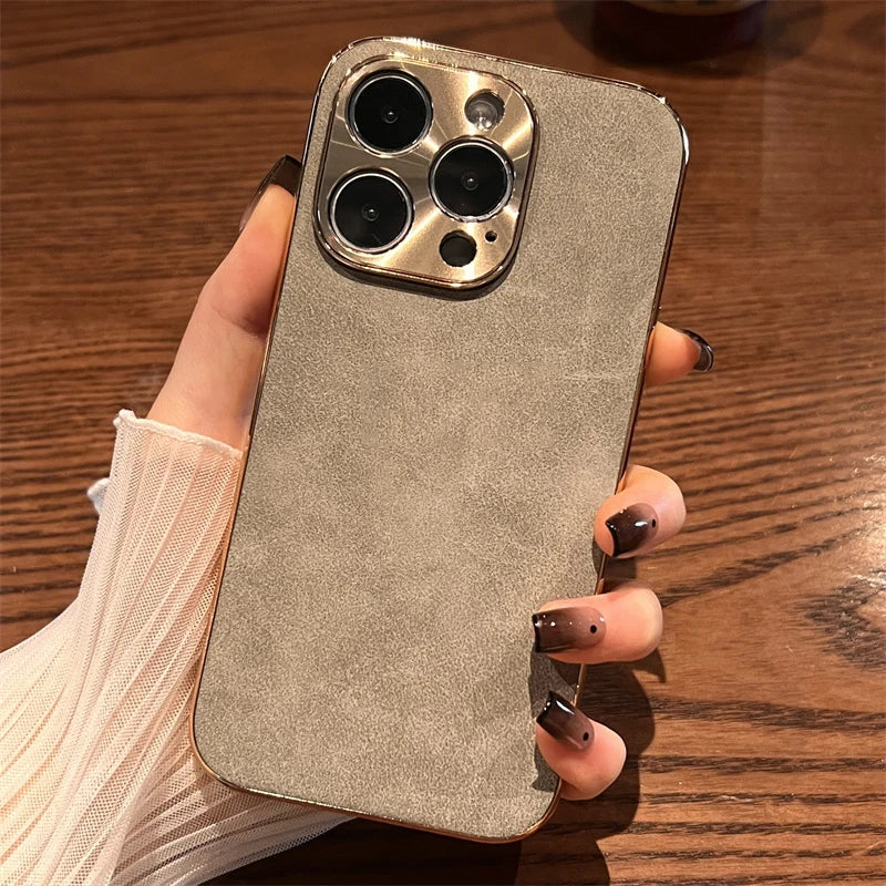 Lambskin Leather Metal Lens Phone Case