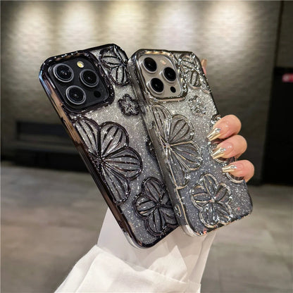 Luxury Flash Glitter Flowers Square Plating Frame Phone Case