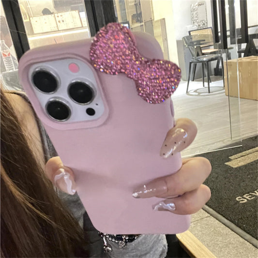 Rhinestone Bow Litchi Pattern Leather Phone Case